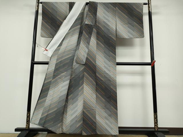 平和屋着物▽小紋 単衣 斜線文 黒地 洗える着物 CAAV3178ut