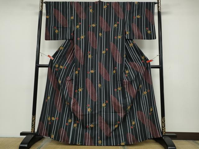 平和屋着物▽小紋 単衣 舞花間道 黒地 洗える着物 CAAV3179ut