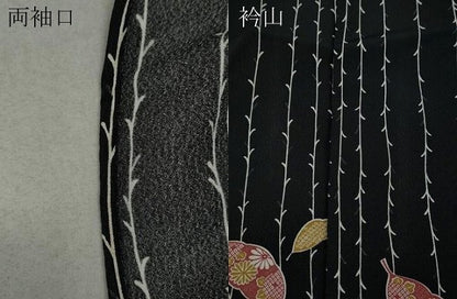 平和屋着物▽小紋 単衣 舞草花文 黒地 洗える着物 CAAV3188ut