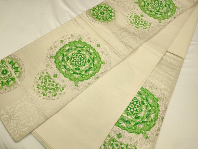 平和屋着物◎六通柄袋帯　唐織り　正倉院更紗花文　銀糸　正絹　逸品　CAAV3221ft