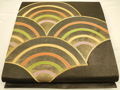 平和屋着物◎太鼓柄袋帯　駒刺繍　青海波　黒地　金彩　正絹　逸品　CAAV3229ft