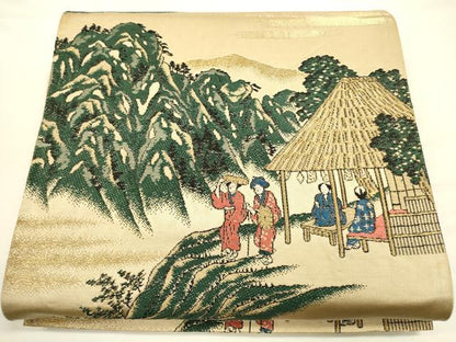 平和屋着物◎六通柄京袋帯　唐織　人物風景文　金糸　正絹　逸品　CAAV3290ft