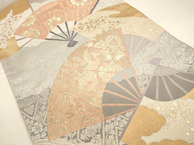 平和屋着物◎六通柄袋帯　唐織　扇面花鳥文　金糸　正絹　逸品　CAAV3304ft