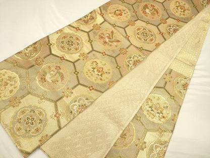 平和屋着物◎六通柄袋帯　亀甲花鳥丸文　金糸　正絹　逸品　CAAV3317ft