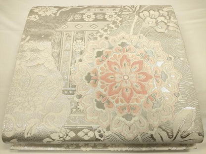 平和屋着物◎六通柄袋帯　唐織　正倉院花文　銀糸　正絹　逸品　CAAV3324ft