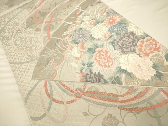 平和屋着物◎六通柄袋帯　唐織　檜扇花文　銀糸　正絹　逸品　CAAV3329ft