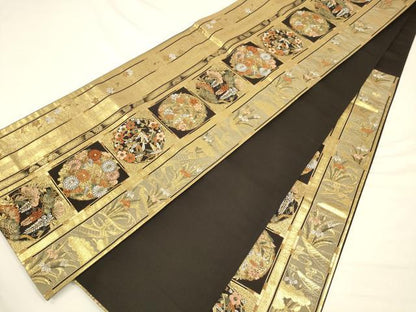 平和屋着物◎六通柄袋帯 唐織 花丸文 黒地 金糸 正絹 逸品 CAAV3363ft