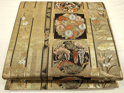 平和屋着物◎六通柄袋帯 唐織 花丸文 黒地 金糸 正絹 逸品 CAAV3363ft