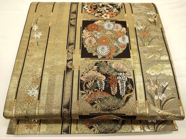 平和屋着物◎六通柄袋帯 唐織 花丸文 黒地 金糸 正絹 逸品 CAAV3363ft