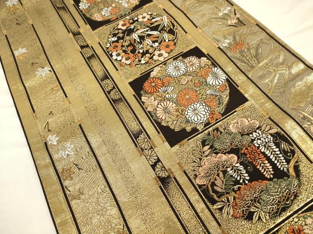 平和屋着物◎六通柄袋帯 唐織 花丸文 黒地 金糸 正絹 逸品 CAAV3363ft