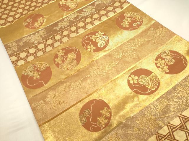 平和屋着物◎太鼓柄袋帯 籠目花丸文 金糸 正絹 逸品 CAAV3394ft