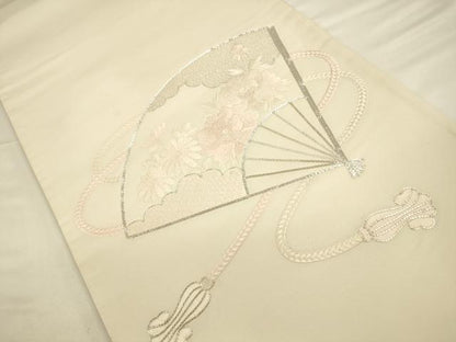 平和屋着物◎太鼓柄袋帯 総刺繍 駒刺繍 扇面花文 正絹 逸品 CAAV3433ft
