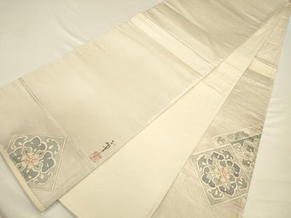 平和屋着物◎太鼓柄袋帯　作家物　正倉院花文　銀彩　正絹　逸品　CAAV3556ft