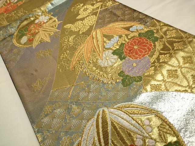 平和屋着物◎六通柄袋帯 唐織 笹花丸文 金銀糸 正絹 逸品