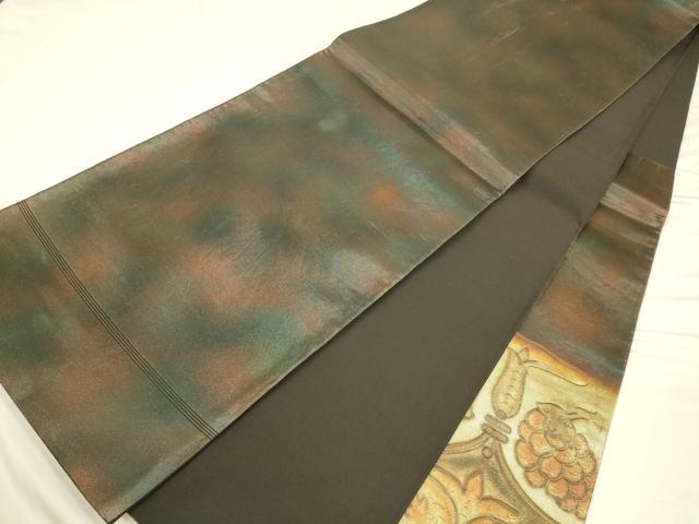 平和屋着物◎太鼓柄袋帯 型押し 葡萄蔦の葉花文 正絹 逸品 CAAV3567ft