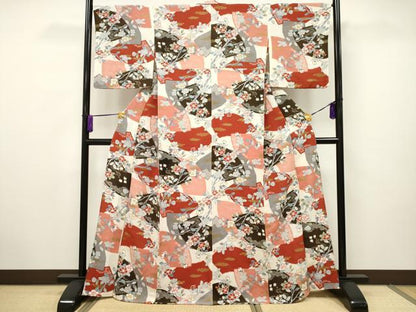 平和屋着物▽上質な小紋 単衣 地紙枝椿文 金彩 鬼しぼ縮緬 正絹 逸品 CAAV3691dy