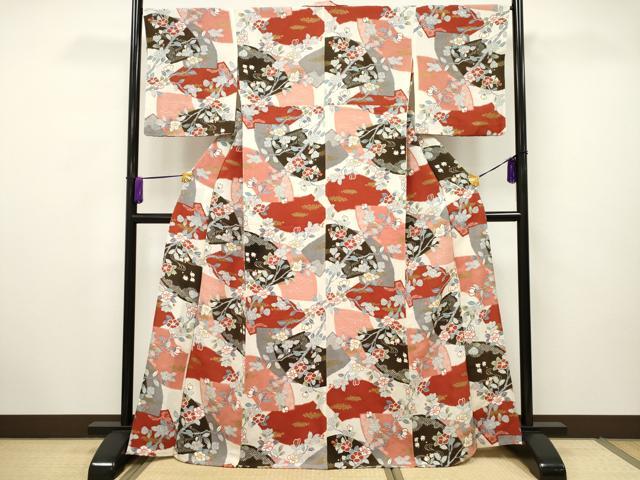 平和屋着物▽上質な小紋 単衣 地紙枝椿文 金彩 鬼しぼ縮緬 正絹 逸品 CAAV3691dy