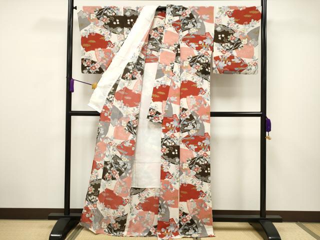 平和屋着物▽上質な小紋 単衣 地紙枝椿文 金彩 鬼しぼ縮緬 正絹 逸品 CAAV3691dy