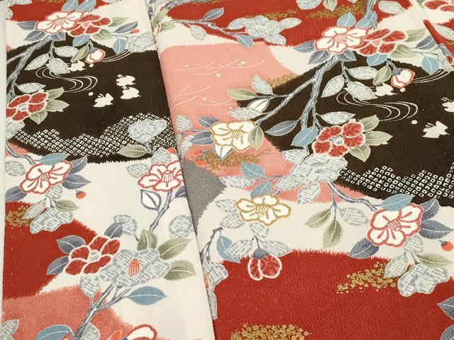 平和屋着物▽上質な小紋 単衣 地紙枝椿文 金彩 鬼しぼ縮緬 正絹 逸品 CAAV3691dy