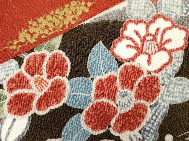 平和屋着物▽上質な小紋 単衣 地紙枝椿文 金彩 鬼しぼ縮緬 正絹 逸品 CAAV3691dy