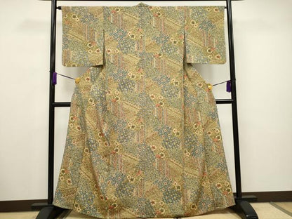 平和屋着物▽上質な小紋 単衣 更紗切嵌草花文 正絹 逸品 CAAV3693dy