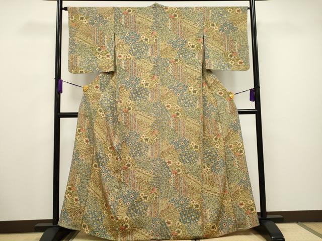 平和屋着物▽上質な小紋 単衣 更紗切嵌草花文 正絹 逸品 CAAV3693dy