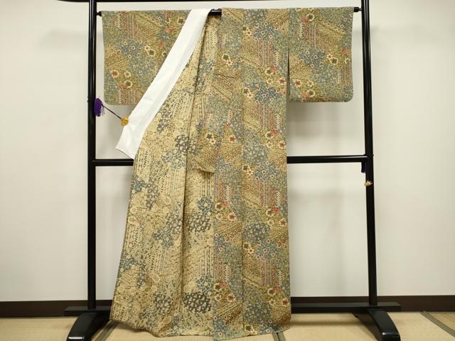 平和屋着物▽上質な小紋 単衣 更紗切嵌草花文 正絹 逸品 CAAV3693dy