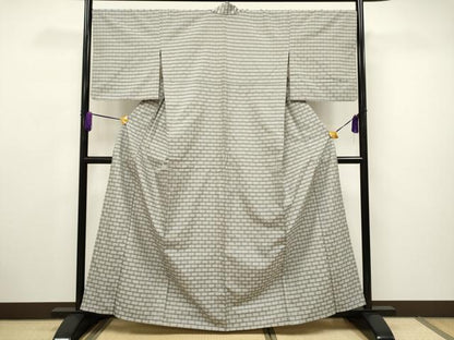 平和屋着物▽上質な紬 単衣 花織 市松文様 正絹 逸品 CAAV3694dy