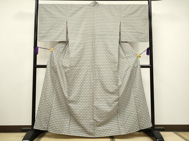平和屋着物▽上質な紬 単衣 花織 市松文様 正絹 逸品 CAAV3694dy