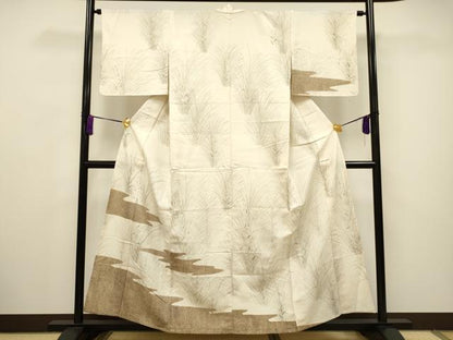 平和屋着物▽訪問着 単衣 紬地 草花文 正絹 逸品 CAAV3707dy