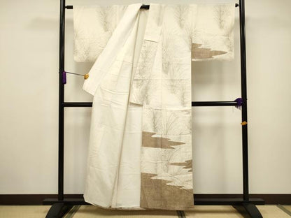 平和屋着物▽訪問着 単衣 紬地 草花文 正絹 逸品 CAAV3707dy