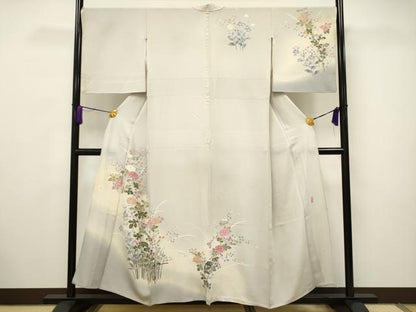 平和屋着物▽訪問着　単衣　友禅　作家物　草花文　暈し染め　正絹　逸品　CAAV3712dy