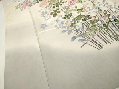 平和屋着物▽訪問着　単衣　友禅　作家物　草花文　暈し染め　正絹　逸品　CAAV3712dy