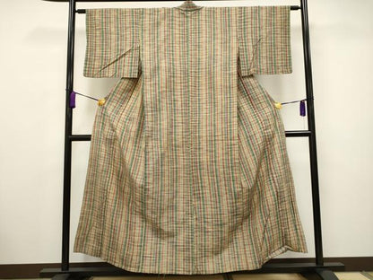 平和屋着物▽上質な紬 単衣 花織 縞 正絹 逸品 CAAV3715dy
