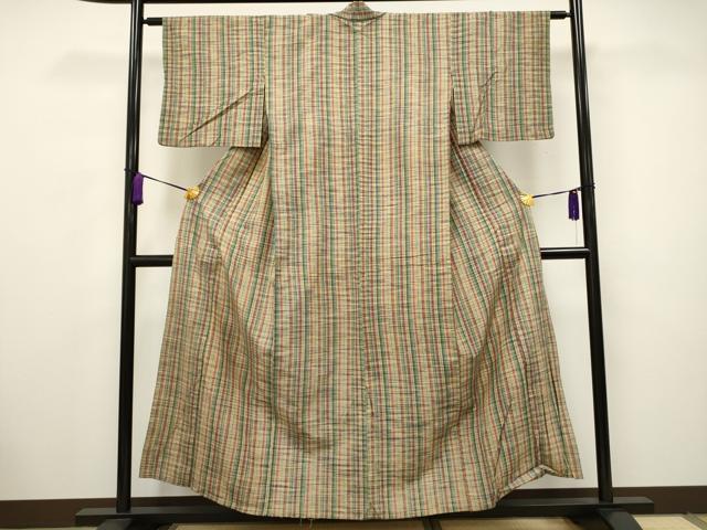 平和屋着物▽上質な紬 単衣 花織 縞 正絹 逸品 CAAV3715dy