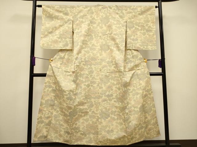 平和屋着物▽上質な紬 単衣 民芸手織 草花文 反端付き 正絹 逸品 未使用 CAAV3716dy