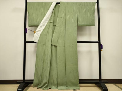 平和屋着物▽上質な色無地 単衣 草花地紋 苗色 正絹 逸品 CAAV3719dy