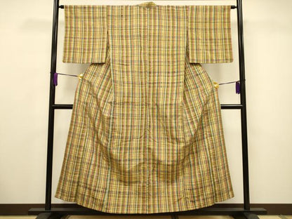 平和屋着物▽上質な紬 単衣 格子柄 正絹 逸品 CAAV3730dy