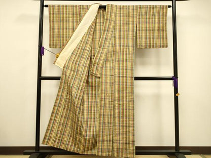 平和屋着物▽上質な紬 単衣 格子柄 正絹 逸品 CAAV3730dy