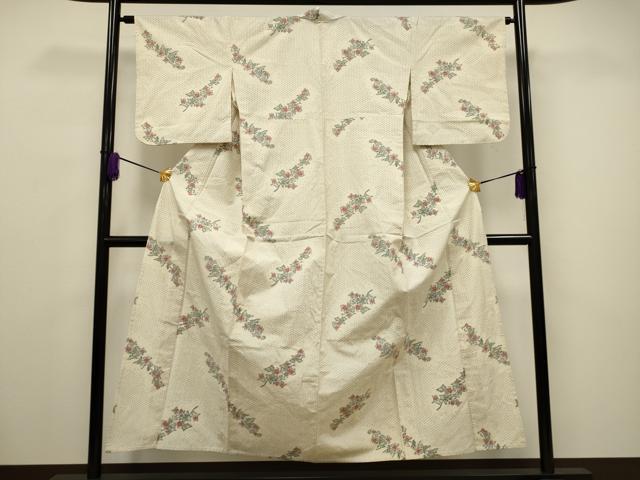 平和屋着物▽上質な紬 単衣 草花文 正絹 逸品 CAAV3736dy