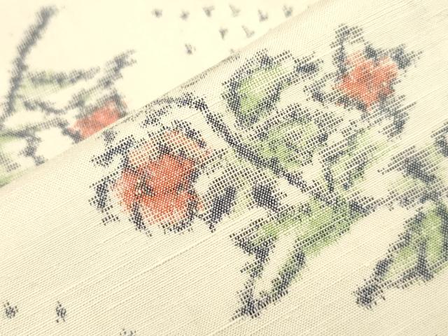 平和屋着物▽上質な紬 単衣 草花文 正絹 逸品 CAAV3736dy