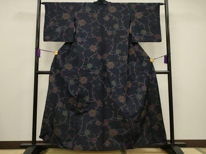 平和屋着物▽上質な紬 単衣 花唐草文 正絹 逸品 CAAV3738dy