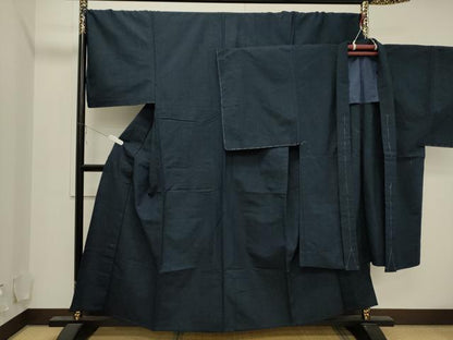 平和屋着物▽男性 紬 単衣 アンサンブル 濃紺地 キングサイズ 正絹 逸品 CAAV3747dy