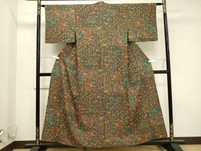 平和屋着物▽上質な小紋　単衣　吉祥更紗花文　正絹　逸品　CAAV3749dy