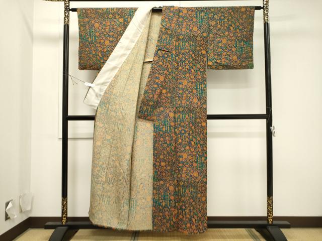 平和屋着物▽上質な小紋　単衣　吉祥更紗花文　正絹　逸品　CAAV3749dy