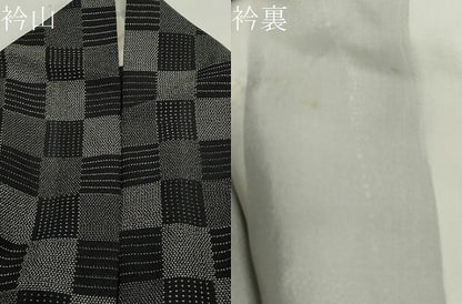 平和屋着物▽本塩沢 単衣 市松文様 黒地 正絹 逸品 CAAV3754dy