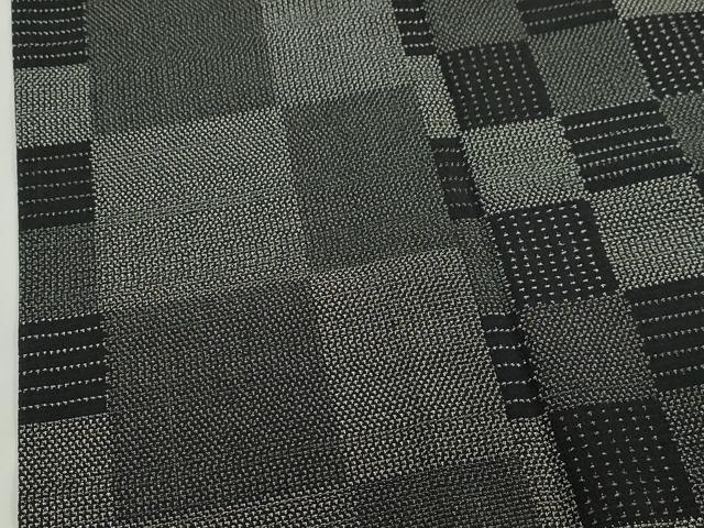 平和屋着物▽本塩沢 単衣 市松文様 黒地 正絹 逸品 CAAV3754dy