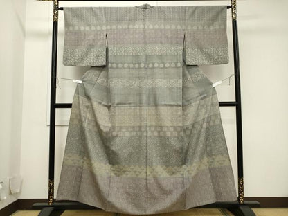 平和屋着物▽訪問着 単衣 紬地 横段草花文 正絹 逸品 CAAV3760dy