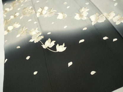 平和屋着物▽訪問着 単衣 総刺繍 枝花文 暈し染め 黒地 ますいわ屋扱い 正絹 逸品 CAAV3762dy