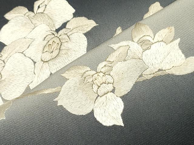 平和屋着物▽訪問着 単衣 総刺繍 枝花文 暈し染め 黒地 ますいわ屋扱い 正絹 逸品 CAAV3762dy
